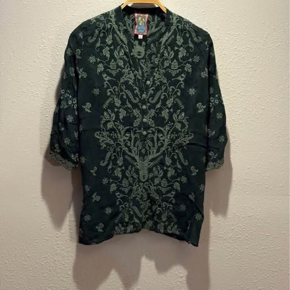 Johnny Was Ciervo Serena Jungle Green Embroidered Deer Head Tunic Top - Size S